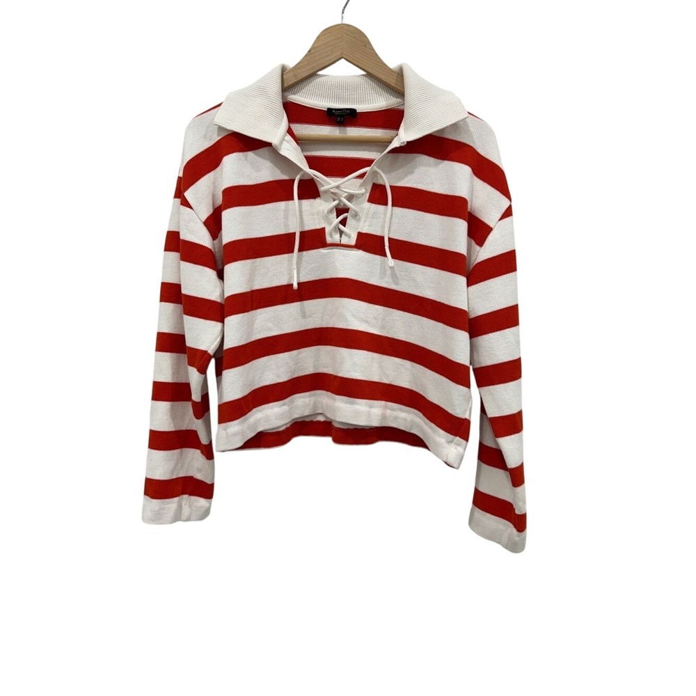 Massimo Dutti 100% Cotton Striped‎ Lace-Up Collared Polo Sweater M Nautical